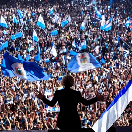 Image similar to Lady Gaga as president, Argentina presidential rally, Argentine flags behind, bokeh, giving a speech, detailed face, Argentina