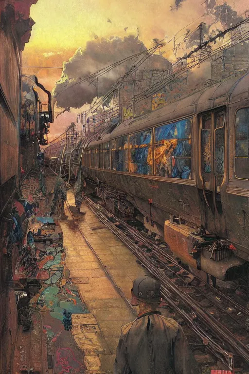 Image similar to trains covered in dripping graffiti paint, by lawrence alma tadema and zdzislaw beksinski and norman rockwell and jack kirby and tom lovell and greg staples and hiroshi yoshid and moebius and loish and artgerm, painterly, symmetrical, ultra detailed, hyper realistic, illustration, sunset lighting