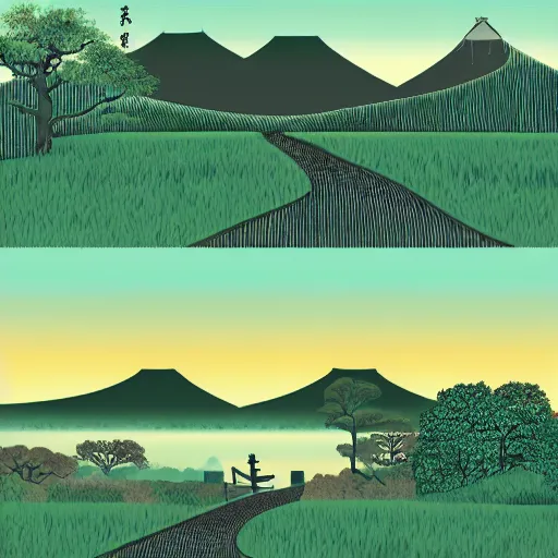 Image similar to landscape of japanese countryside, in style of weezer pinkerton