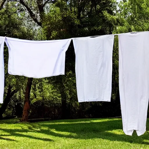 Image similar to hyper realistic photo, happy Donald Trump hanging white linen sheets on a clothesline in a backyard, sunny day