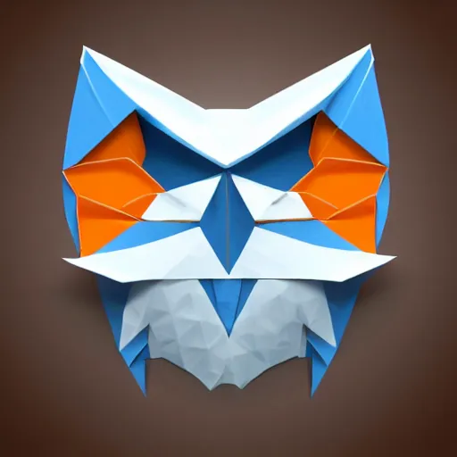 Image similar to logo featuring an owl's head as origami art with piercing white eyes, blue and orange colors, white background, Cut style, detailed