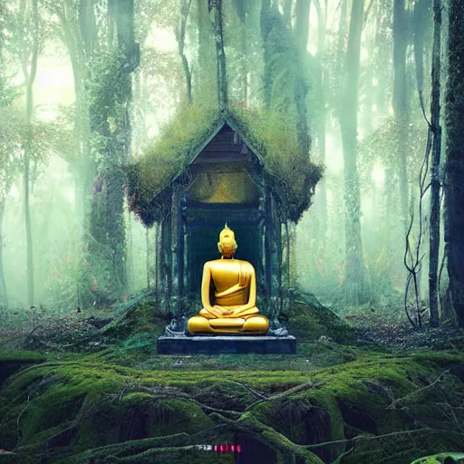 Image similar to a buddha statue sitting in the middle of a forest, cyberpunk art by Mike Winkelmann, trending on cgsociety, metaphysical painting, tesseract, mystical ::