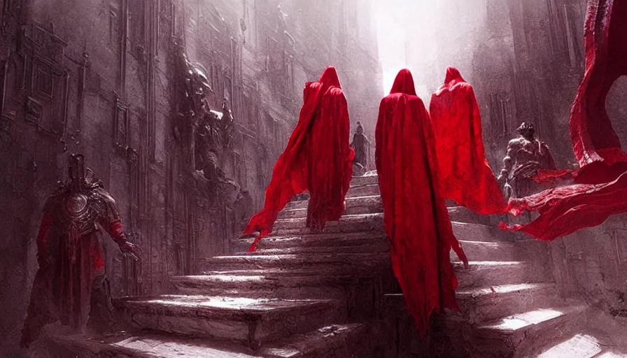 Image similar to figures in red cloaks ascend huge creepy fantasy stairs, cinematic, movie still, art by ruan jia and albert voidstar