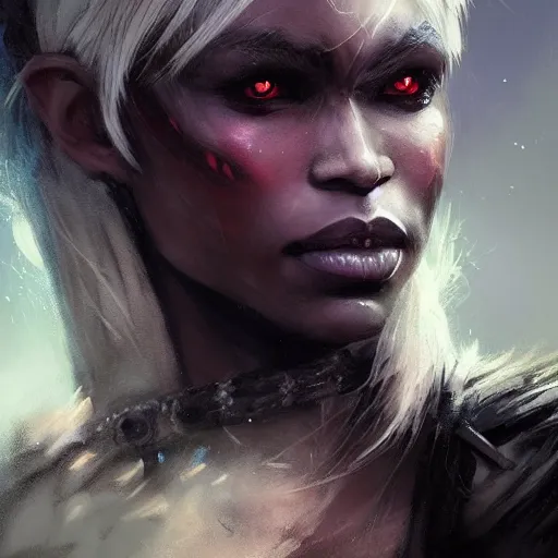 Image similar to closeup portrait of a drow warrior, dungeons and dragons character, dramatic lighting, castle background, gorgeous view, realistic, high detail, digital art, painted by greg rutkowski, painted by jeremy mann, trending on artstation