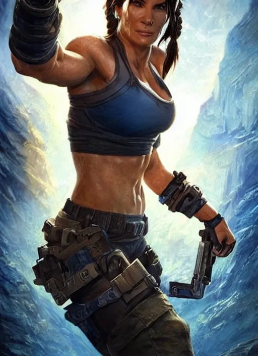 Image similar to muscled Sandra Bullock as Lara Croft as a ruggedly handsome heroine looking directly into the camera, jumping off a glowing artifact lodged in shallow blue glowing water, intricate, elegant, highly detailed, artstation, concept art, smooth, sharp focus, illustration, bokeh art by artgerm and donato giancola and Joseph Christian Leyendecker, WLOP, fireflies, distant snowstorm and thunder