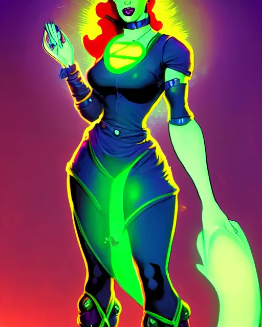 Prompt: miss atomic bomb, supervillain, villainess, pulp femme fatale, glowing eyes, green glow, masterpiece artstation. 8 k, sharp high quality artwork in style of wayne reynolds and don bluth, concept art by jack kirby, blizzard warcraft artwork, hearthstone card game artwork
