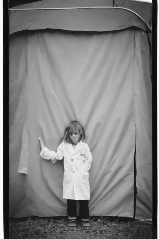 Image similar to photo polaroid of a sad and lonely child in a white coat and barefoot stands in the middle from behind the camera many big tents of field hospitals, pandemic, covid, loneliness, black and white ,photorealistic, 35mm film,