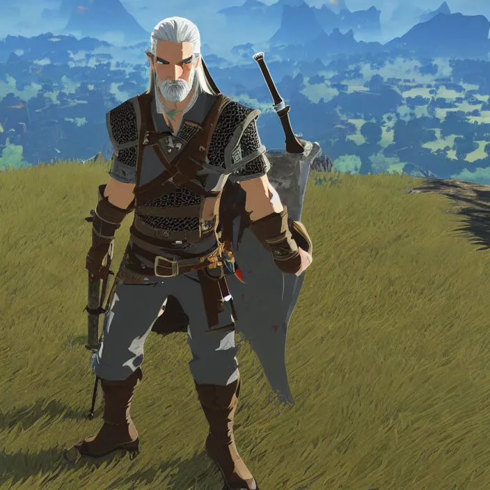 Image similar to Geralt of Rivia in The Legend of Zelda Breath of the Wild, detailed screenshot