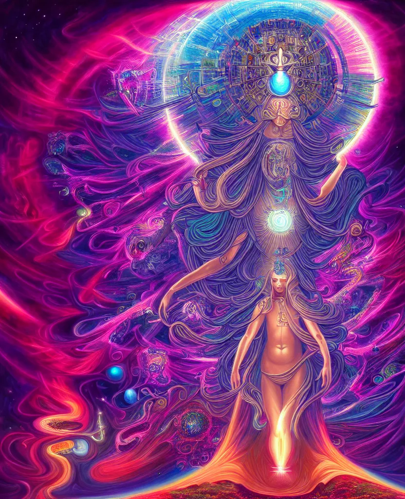 Image similar to a beautiful hyperdetailed painting of divine human spiritual evolution, enlightenment, consciousness, retrowave fantasy, wallpaper, highly detailed, trending on artstation.