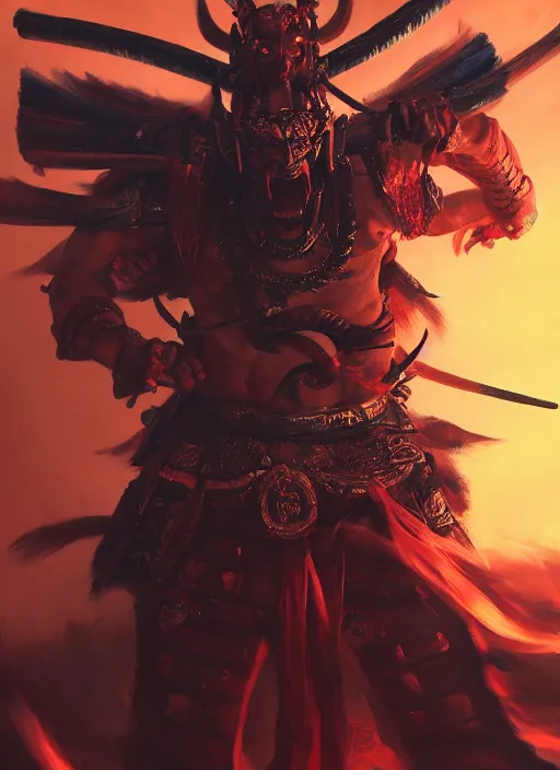 Image similar to Demon Samurai, extremly detailed oil painting, in the style of Fenghua Zhong and Ruan Jia and RHADS, rim light, 8k, extremly detailed, stunning scene, raytracing, octane, trending on artstation