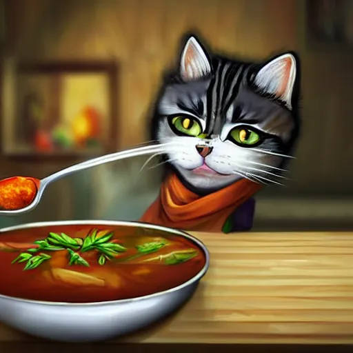 Prompt: a cat cooking soup, stirring a pot with a ladle and cutting vegetables, fantasy illustration, trending on artstation, deviantart, very realistic, 4k