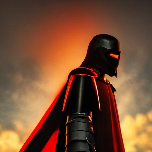 Image similar to the knight of death and destruction in black armor glowing red with a black cape billowing in the wind, golden hour, caustics, shallow depth of field, moody lighting, 8 k, concept art,