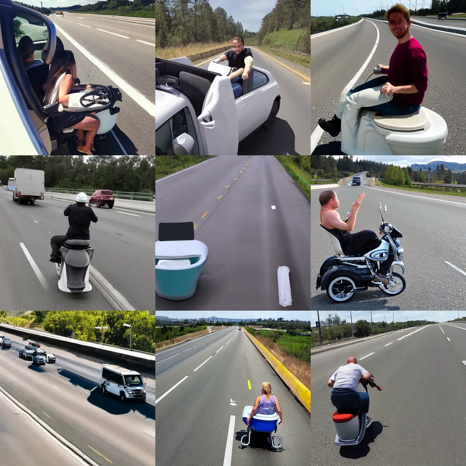 Prompt: riding a toilet on the freeway