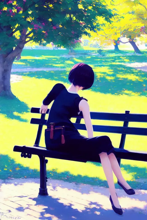 Image similar to A ultradetailed beautiful panting of a stylish girl siting on a park bench, bright sunny day, Oil painting, by Ilya Kuvshinov, Greg Rutkowski and Makoto Shinkai