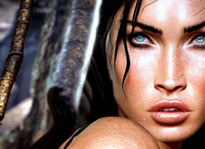 Prompt: megan fox as lara croft, magic and fantasy, highly detailed face, specular reflection, occlusion shadow, intricate, bokeh, masterpiece