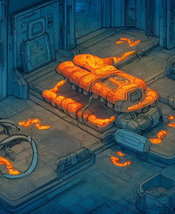 Prompt: a simple dollhouse made out of exotic fungus, weird simple fungus and tendrils, spaceship, sci - fi, robots, clinical, partly cloudy, hell, fire, brimstone, lava, by dan mumford, yusuke murata, makoto shinkai, ross tran, cinematic, unreal engine, cel shaded, featured on artstation, pixiv