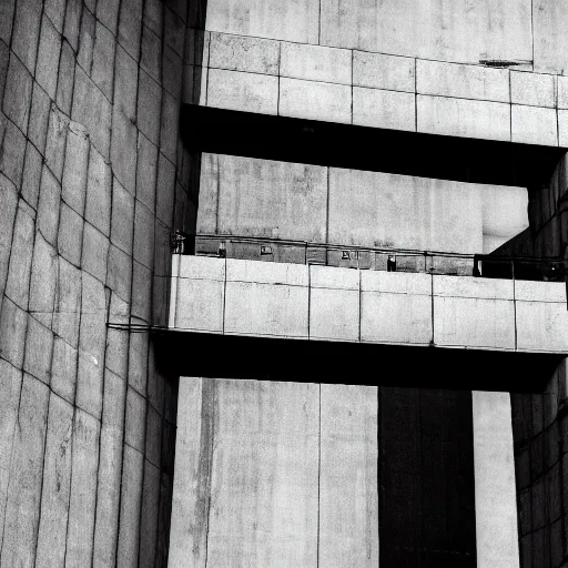 Image similar to black and white security camera image of a black silhouette of a man caught in an abandoned brutalism structure