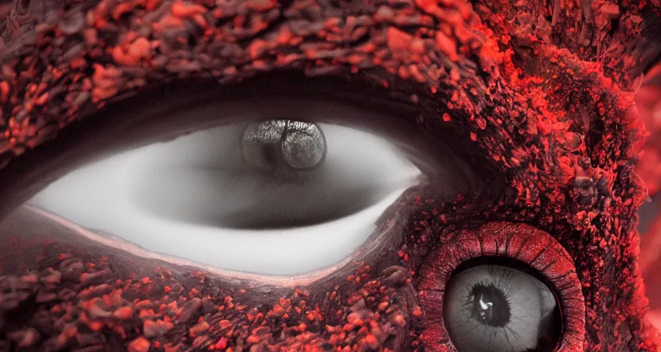 Image similar to a volcano made of ivory vines and crimson rocks enters in eruption, it spits a smoke in the shape of demonic eye, by Jason De Graaf