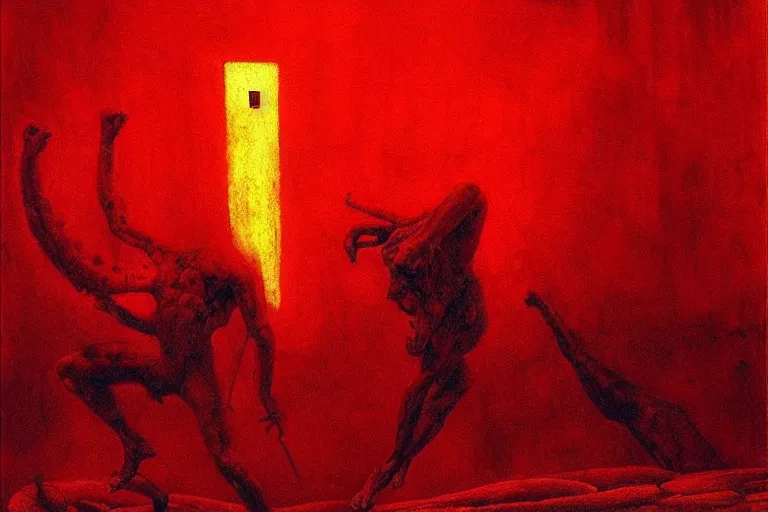 Prompt: only with red, a red tiger, rome in the background, medieval demons dance, an ancient path, in the style of beksinski, part by hopper, part by rodcenko, part by hofbauer, intricate composition, red by caravaggio, insanely quality, highly detailed, masterpiece, red light, artstation