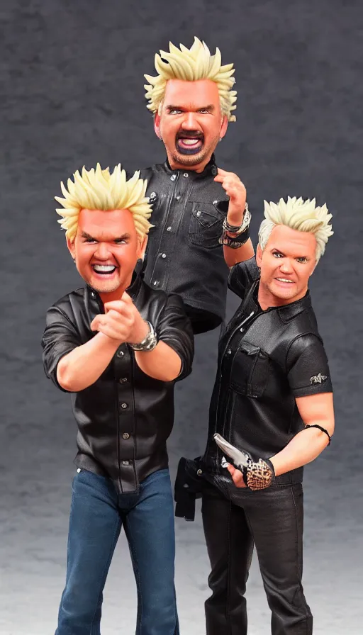 Prompt: hot toys figurine of guy fieri and gordon ramsay, realistic, up close image, 1 / 1 6 th scale, unopened, listing image, hd