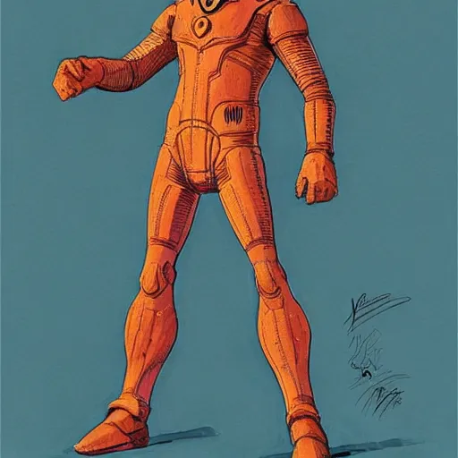 Image similar to concept art, stylized, super exaggerated proportions, concept design, male, science fiction suit, by jean giraud