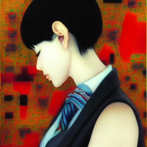 Image similar to yoshitaka amano blurred and dreamy realistic three quarter angle portrait of a young woman with short hair and black eyes wearing office suit with tie, junji ito abstract patterns in the background, satoshi kon anime, noisy film grain effect, highly detailed, renaissance oil painting, weird portrait angle, blurred lost edges