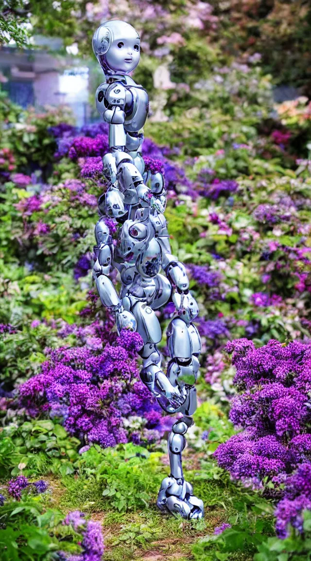 Image similar to single toy humanoid robot in a garden looking around, hyper detailed, sharp focus, bokeh, unreal engine, ray tracing, cute, fantasy, sci fi, purple flowers, blue flowers, violet flowers, glowing flowers, tiny, small, hyper realistic, sky