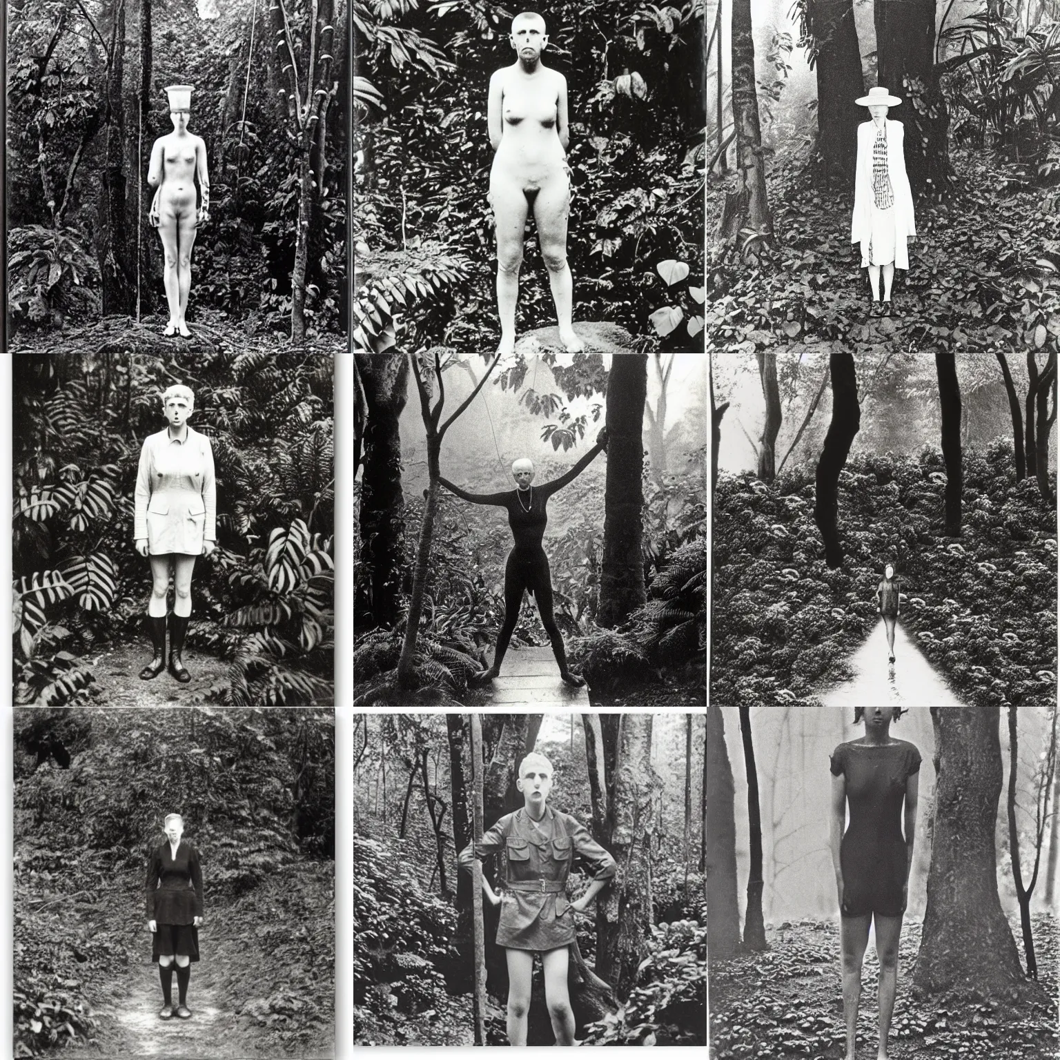 Prompt: Human standing in a rain forest by Claude Cahun