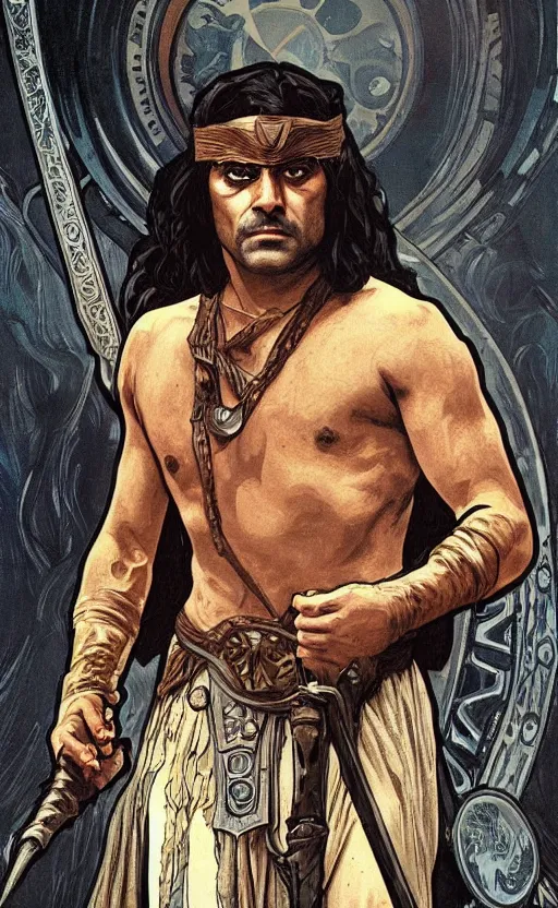 Image similar to oscar isaac as conan the barbarian, portrait, dark atmosphere, high fantasy, illustration, style of alphonse mucha