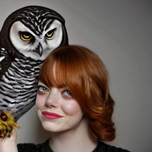 Image similar to emma stone with an owl, artwork by mark brooks,