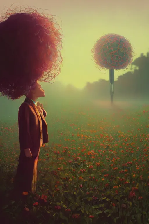 Prompt: closeup giant dahlia flower head, frontal, girl in a suit, standing in street, surreal photography, sunrise, dramatic light, impressionist painting, digital painting, artstation, simon stalenhag