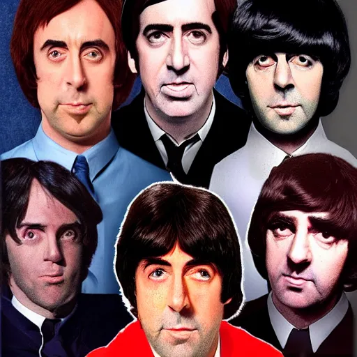 Image similar to nic cage superimposed into a photo as the fifth beatle