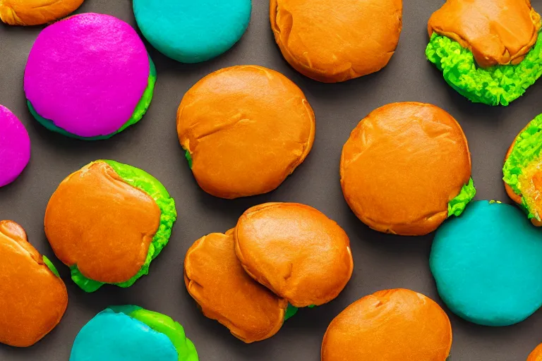 Prompt: mcdonalds colorful pattys between buns, commercial photograph taken on table