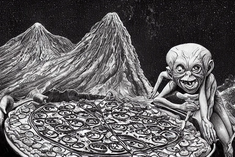 Image similar to a highly detailed gollum making pizza!, a volcano in the background is spewing black smoke, with streams of hot glowing lava flowing, black sky, post - apocalyptic vibe, full body, wide angle, an ultrafine detailed painting by joe fenton, trending on deviantart, pop surrealism, whimsical, lowbrow, perfect symmetrical face, sharp focus, octane, masterpiece