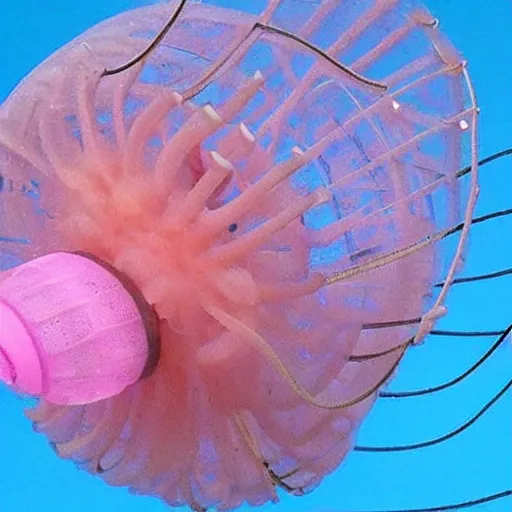 Image similar to pink jellyfish hits Bob with a metal sieve