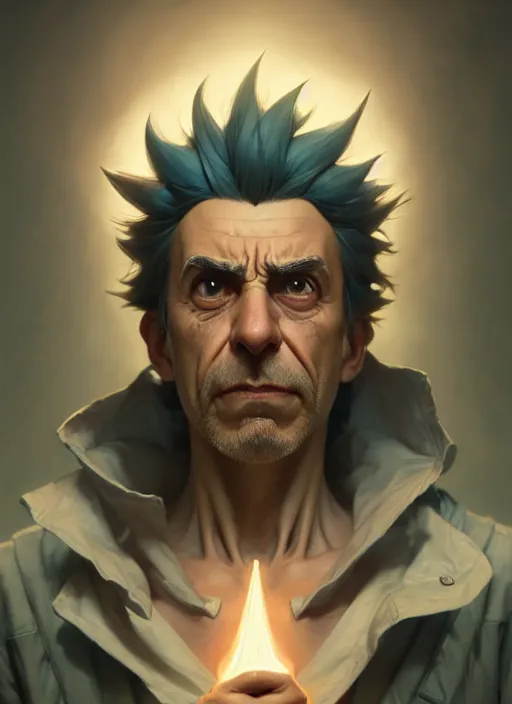 Image similar to concept art by artgerm, amazingly beautiful portrait of a hyper realistic, frowning, sad rick sanchez by greg rutkowski, artgerm, alphonse mucha, concept art, octane render, highly detailed, high quality, 8 k, soft lighting, path traced, and uang guangjian and gil elvgren, symmetry!!