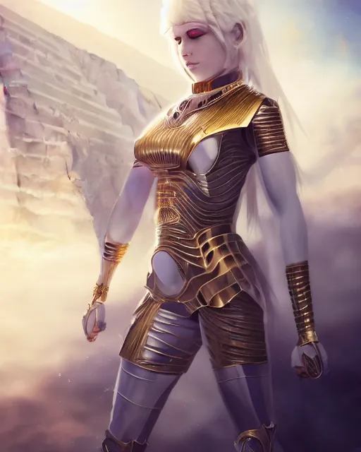 Image similar to girl exploring a pyramid, egyptian cyborg armor, white hair, atmosphere, gold, detailed, intricate, beautiful face, cinematic lighting, trending on artstation, blue eyes, 4 k, focused, extreme details, cinematic, masterpiece, by akihito tsukushi