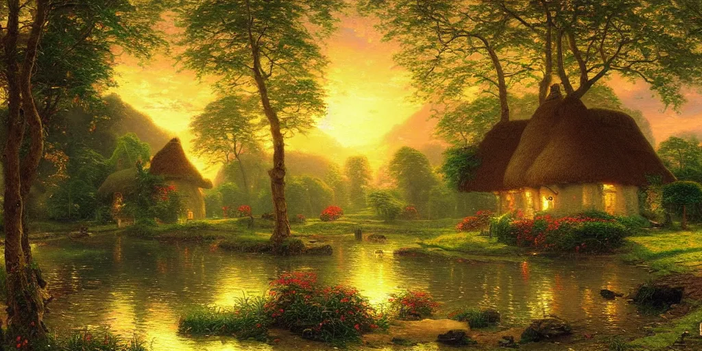 Prompt: a thatched cottage with lit windows by a lake in a lush green forest golden hour very highly detailed painting by thomas kinkade and albrecht bierstadt
