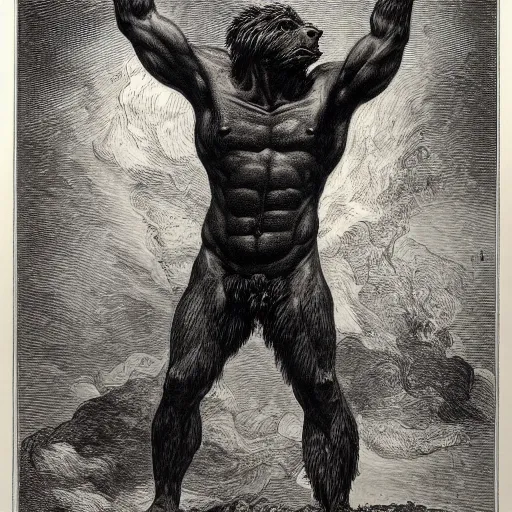 Prompt: full body grayscale drawing by Gustave Dore of muscled humanoid bear beast in heroic pose, swirling flames in background