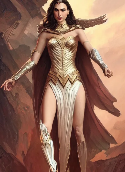 Image similar to full length photo of gal gadot wearing a dress, intricate, elegant, highly detailed, digital painting, artstation, concept art, matte, sharp focus, illustration, hearthstone, art by artgerm and greg rutkowski and alphonse mucha