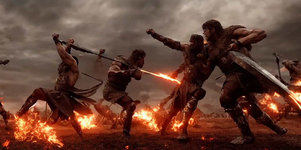 Image similar to epic battle screen of hero, film still from the movie'3 0 0'( 2 0 0 6 ), 3 d, 8 k realistic, cryengine, playstion 5 screen, cinematic lighting