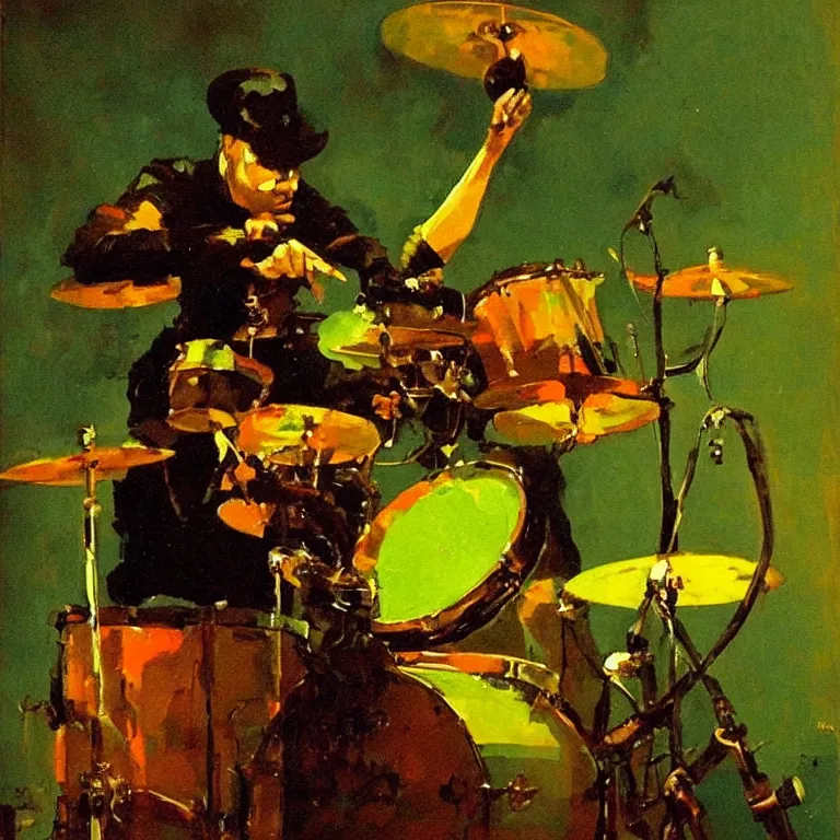 Image similar to a beautiful painting by mead schaeffer of an octopus playing drums and telecaster guitar in a rock concert, dark background, green concert light, dark mood