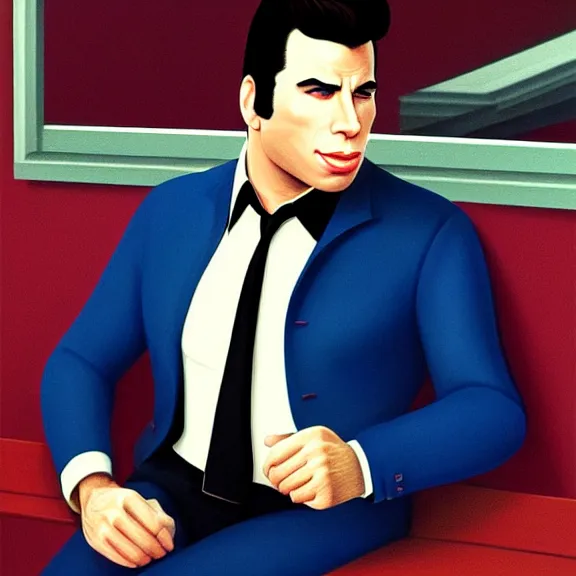 Prompt: beautiful illustration of John Travolta by Edward Hopper, clean lines, very detailed, colorful octane render