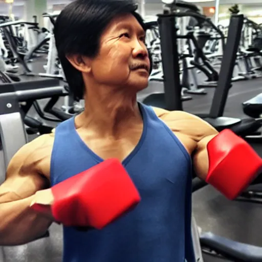 Image similar to A very muscular BongBong Marcos flexing in the gym