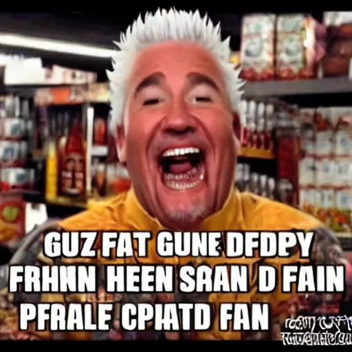 Image similar to crazy eyed demon laughing very hard at a can of spam, guy fieri, the pope, fifty cent