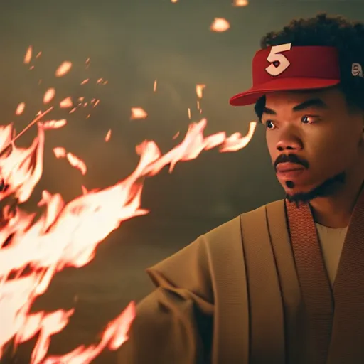 Image similar to cinematic film still of Chance The Rapper starring as a Samurai holding fire, Japanese CGI, VFX, 2022, 40mm lens, shallow depth of field, film photography