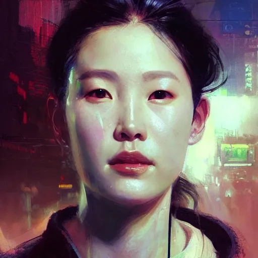 Image similar to kim ji - soo, hyperrealistic portrait, bladerunner street, art of elysium by jeremy mann and alphonse mucha, fantasy art, photo realistic, dynamic lighting, artstation, poster, volumetric lighting, very detailed face, 4 k, award winning