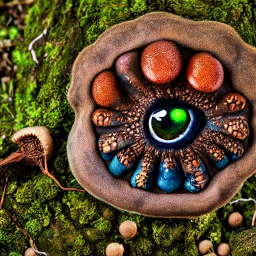 Prompt: macro photo with a fantasy Microfungi character with cute eyes and mycelium, painted patterns and coloring on mushrooms, 8K, highly detailed