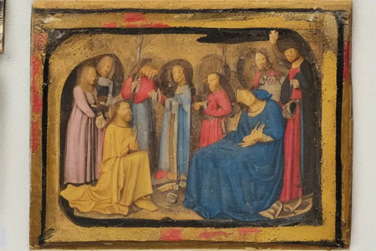 Image similar to polaroid photo of an medieval painting of an ufo