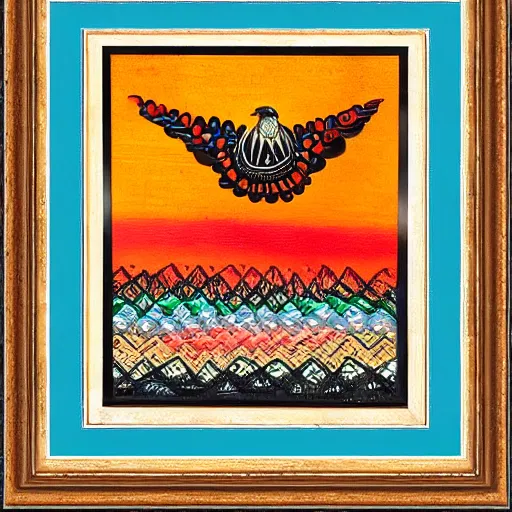 Image similar to a bird rising above the flames, mexican folk art, framed art, intricate abstract, award winning